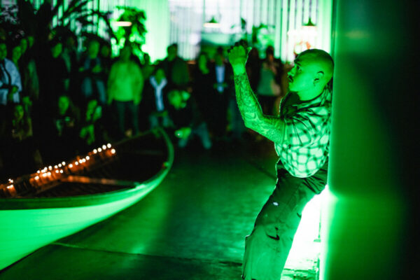 Heidi Duckler Dance NW 2026 Come As You Are Festival presented by Heidi Duckler Dance NW. Dancers Charles Roy and Daniel Girón with composer/percussionist Machado Mijiga, performing a prologue to a new site specific work inspired by John Steinbeck’s Grapes of Wrath. March 14, 2026. Photo by Jason Quigley.